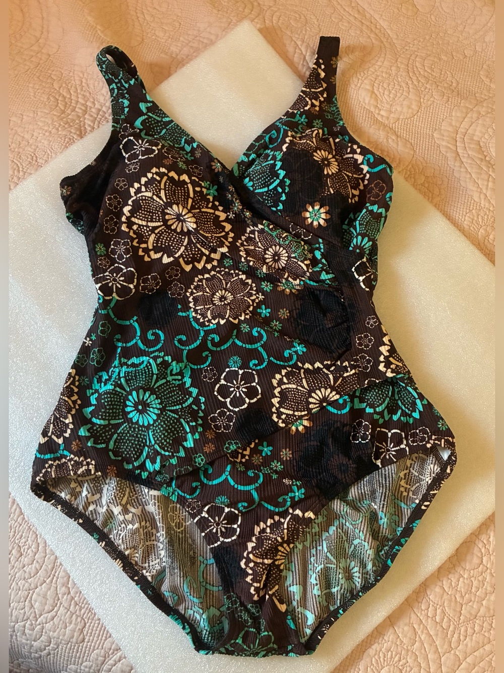 Women’s Floral One-Piece Swimsuit - Brown & Teal